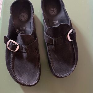 Birkenstock Black Suede Slip-On with Silver Buckle